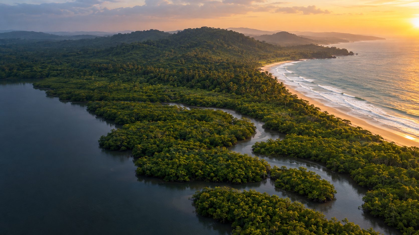 Mangrove estuary, Atlantic beach and coastal rainforest on the Liberian coast at sunset