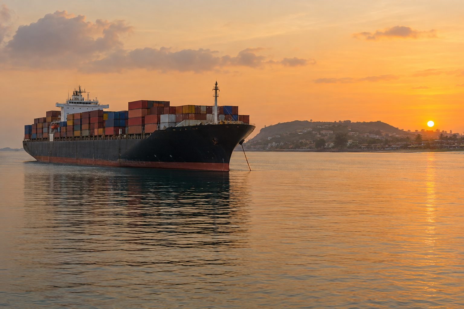 Container ship at anchor off the West African coast at dawn
