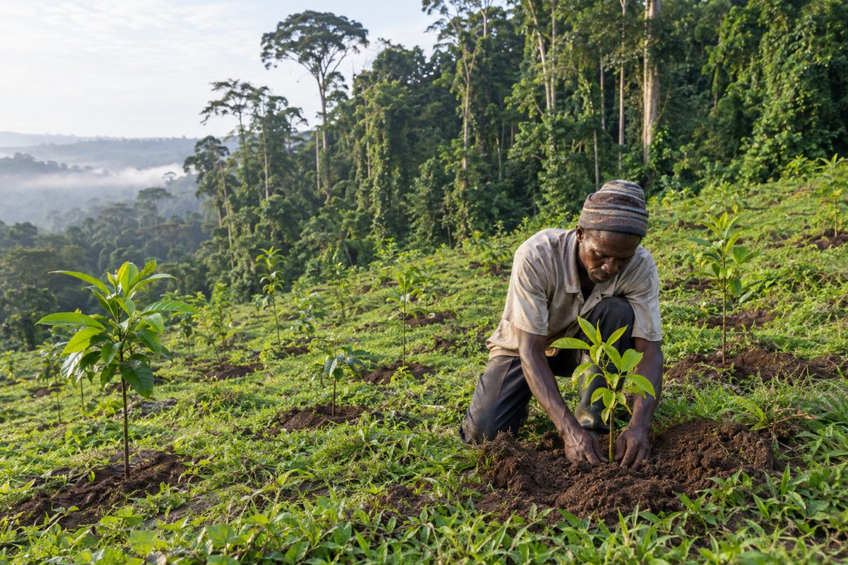 A farmer planting a young tree seedling on a hillside beside mature forest in Liberia